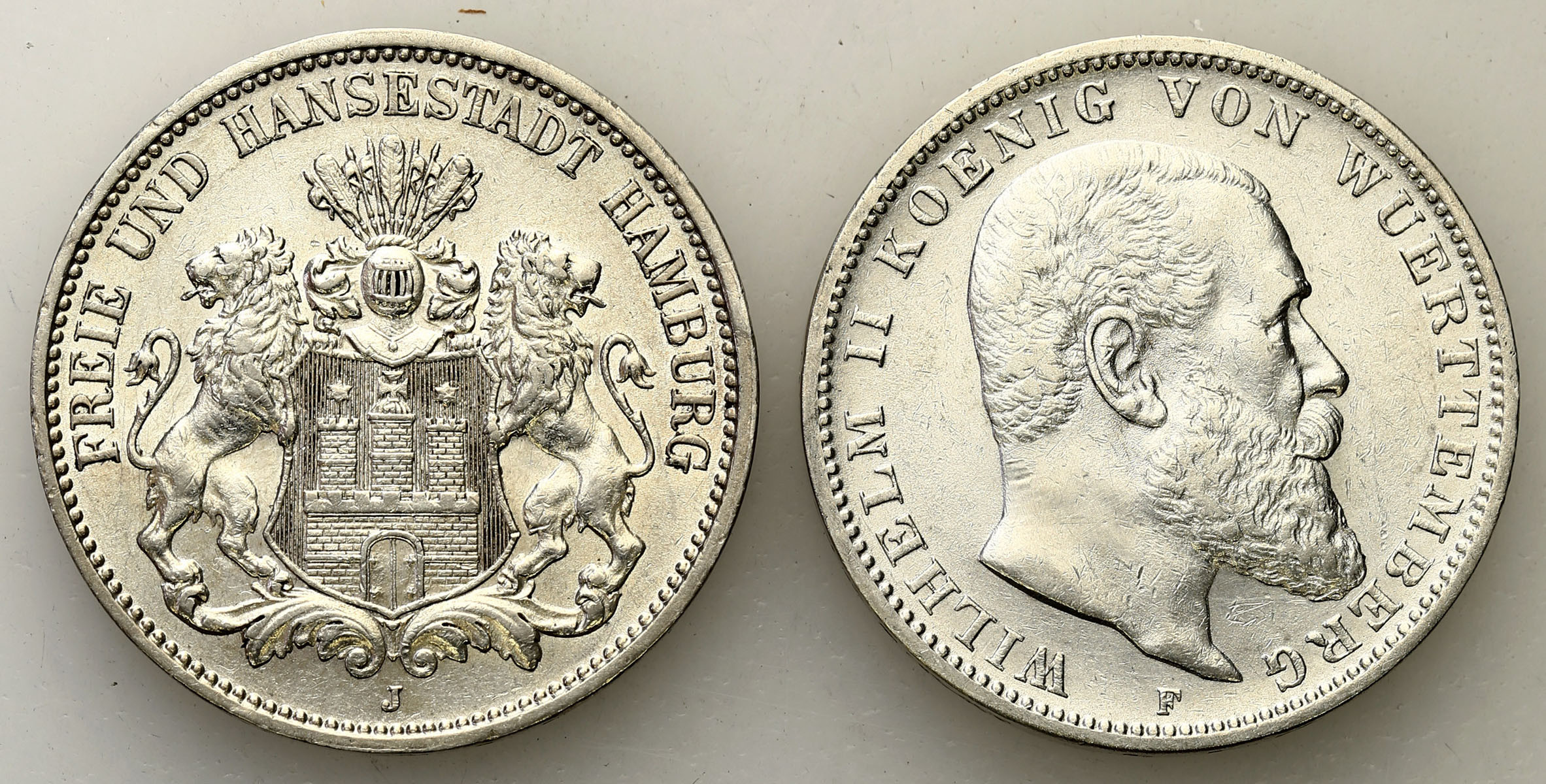 Niemcy, Wirtembergia - 3 marki 1909 F, Stuttgart i 3 marki 1912 J, Hamburg, zestaw 2 monet